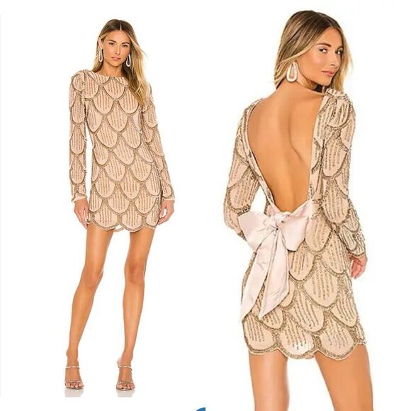 NBD Dresses & Skirts - NBD Tristan Sequin Mini Dress Gold Nude Bow Back Revolve NWT $368 SZ L